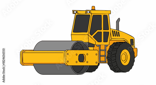 Heavy yellow road roller construction vehicle for compacting surfaces.