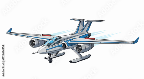Futuristic blue and silver jet airplane with ski landing gear.