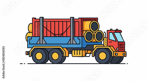 Heavy duty truck transporting large cylindrical objects on the road.