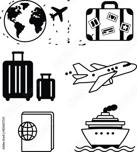 Travel and tourism icons isolated on white background world globe, airplane, luggage, passport, cruise ship, vacation, and adventure concept