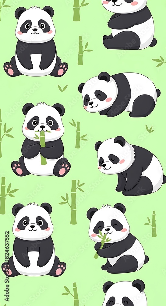Obraz premium Adorable Panda Bears Seamless Pattern Design Cartoon Animal Illustration Cute Panda Characters Background Green Bamboo Forest Backdrop Happy Bears Playful Panda Cubs Vector Art