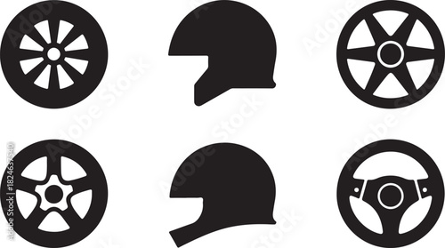 Six Black Icons Featuring Car Wheels, Helmets, and a Steering Wheel automotive vehicle