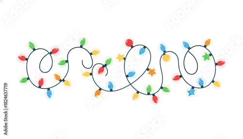 Colorful string of festive LED holiday lights.