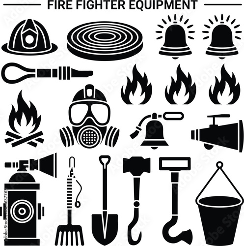 Firefighter equipment icons isolated on white background set of black silhouette elements for fire fighting fireman tools and accessories