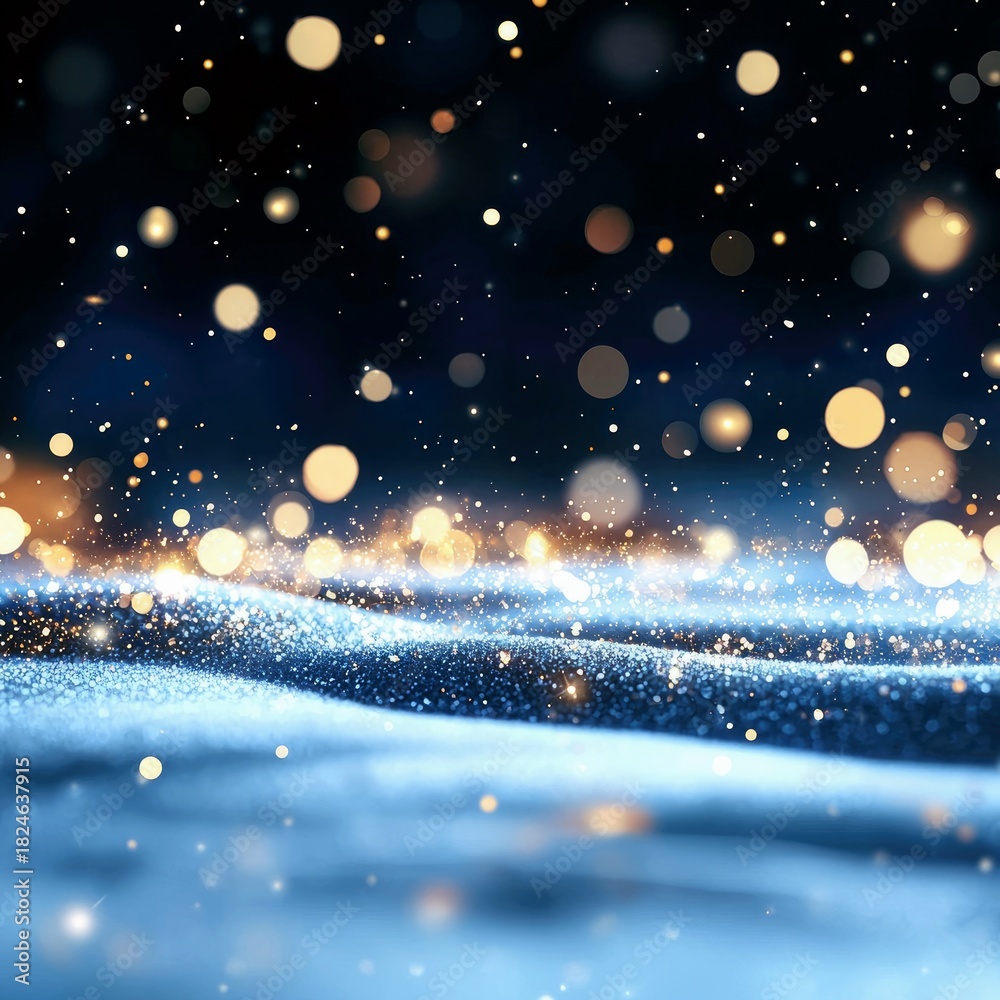 Obraz premium Abstract background with shimmering golden bokeh lights and falling snowflakes against a dark blue night sky, creating a magical winter atmosphere.