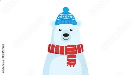Winter Polar Bear Portrait with Blue Hat and Red Scarf.