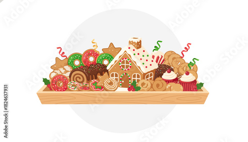 Assorted desserts on a tray featuring cookies cake pastries and ice cream.