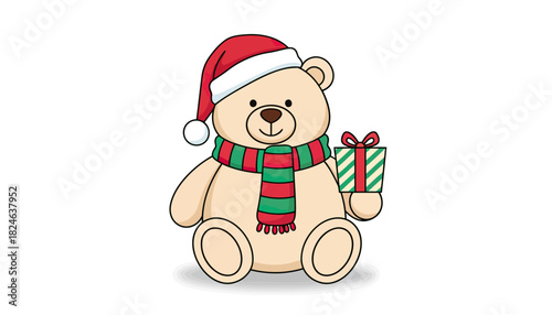 Teddy bear wearing Santa hat holding a gift.