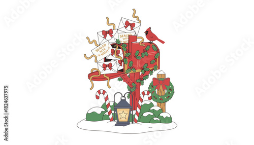 Festive red mailbox overflowing with Christmas letters and ribbons.