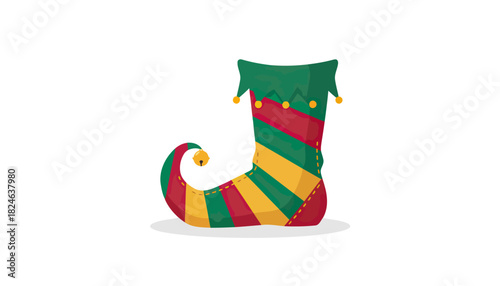 Striped festive elf shoe with curled toe and bells.