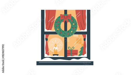 Holiday wreath on window with festive candles.