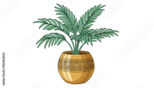 Tropical potted palm with ornate ceramic planter.