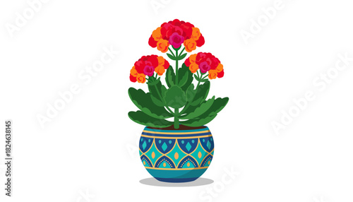Decorative blue ceramic pot with blooming red flowers illustration.