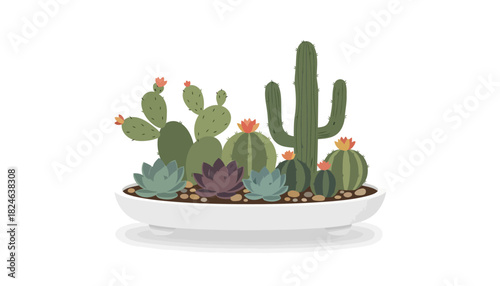 Vibrant cacti and succulents clustered in ceramic dish planter.