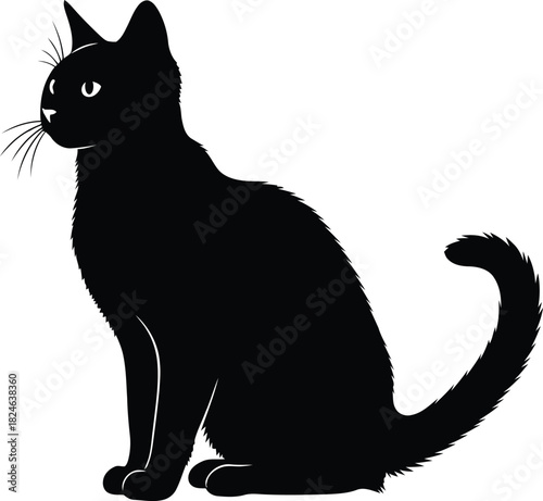 Elegant black cat silhouette sitting profile view on white background