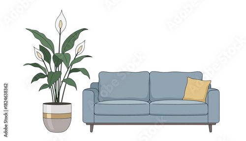 Blue sofa with yellow cushion beside potted peace lily.