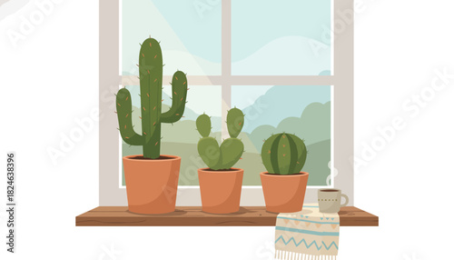 Trio of potted cactus succulents in terracotta pots.