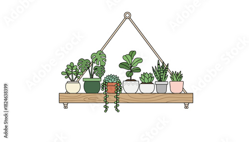 Hanging shelf with potted succulents and houseplants illustration.