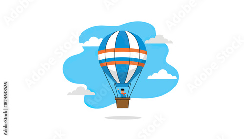 Blue and orange striped hot air balloon illustration.