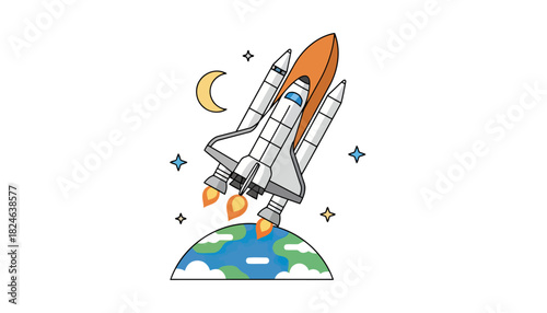 Colorful space shuttle rocket launching upward illustration.