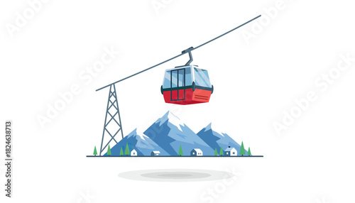 Cable car suspended over rugged mountain landscape.
