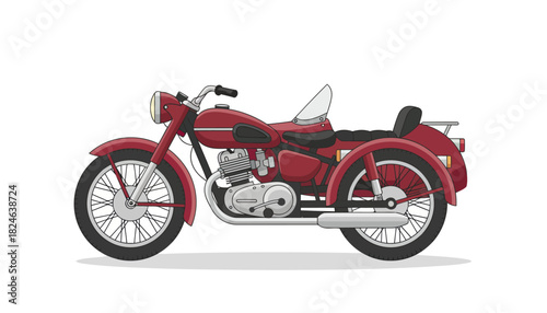Red vintage motorcycle with sidecar isolated on white background.