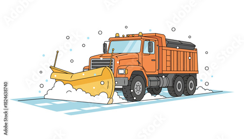 Orange snow plow truck clearing snow.