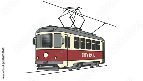 Vintage red tram Streetcar on rails.