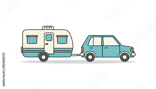 Towed caravan and classic car on road.