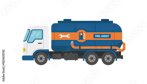Blue and orange fuel tanker truck side view.
