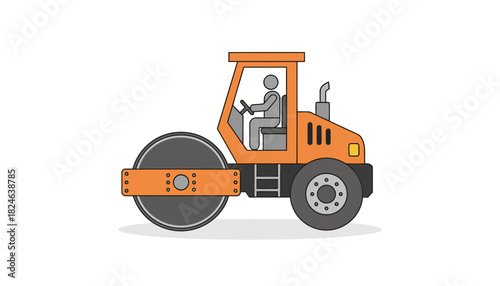 Orange road roller with operator performing asphalt compaction.