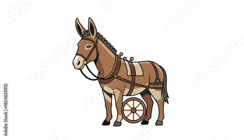 Donkey with Harness and Wooden Cart Side View.