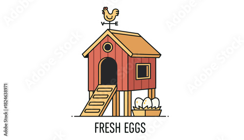 Fresh Eggs In A Red Chicken Coop.
