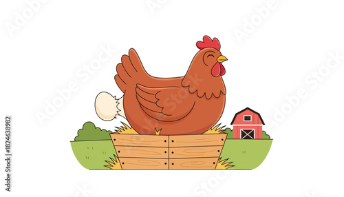Cheerful Red Hen Standing On Wooden Coop.