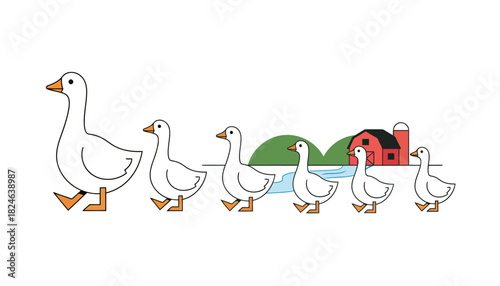 Mother Goose Leading A Line Of Geese Along The Path.