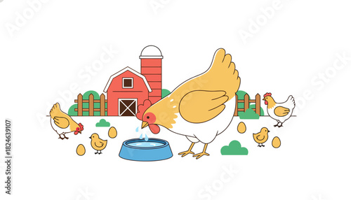 Happy Chickens On Bright Farm Illustration.