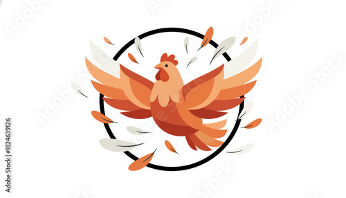 Mythical phoenix in flight within a circular frame.