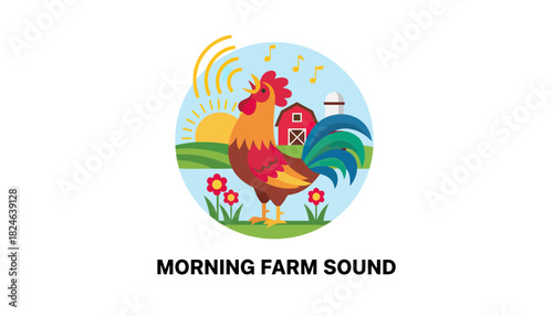 Vibrant Rooster Standing On Morning Farm Scene.