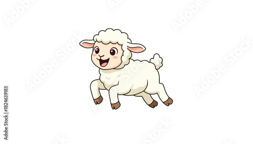 Playful Cartoon Lamb Leaping Across Dreamy Meadow.