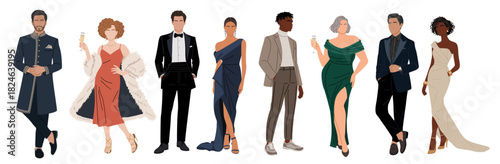 Stylized minimalist fashion illustration of elegantly dressed men and women in eveningwear, featuring clean lines, solid colors, and a high-fashion aesthetic on transparent background
