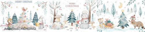 Watercolor christmas scene with animals in winter forest and merry christmas text banner illustration