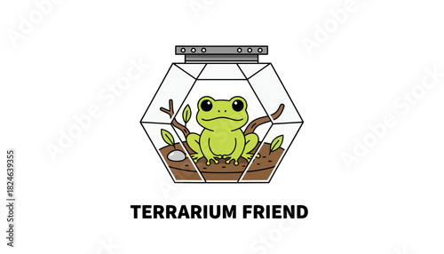 Green Frog Inside Glass Terrarium Close Up.