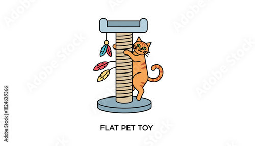 Playful cat on a scratching post with dangling feathers.
