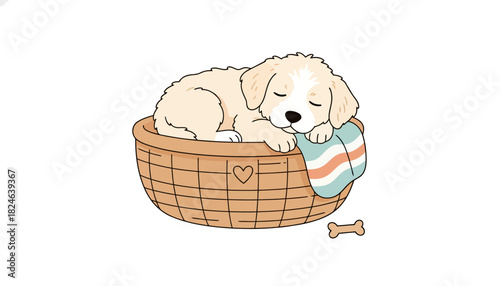 Sleepy Puppy Resting In Wicker Basket.