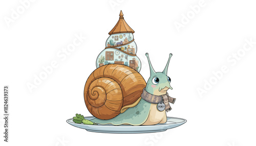 Whimsical snail carrying a stacked pastry tower.