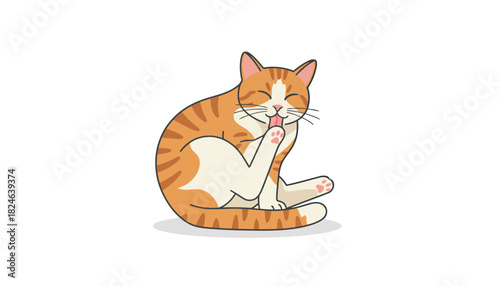 Cartoon orange tabby cat meditating peacefully together pose.