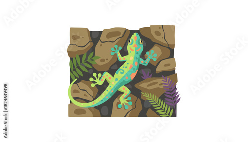 Colorful green lizard resting on tropical leaves.