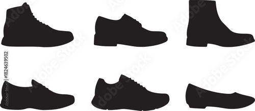 Six black silhouette icons of various footwear including boots and shoes on a white background