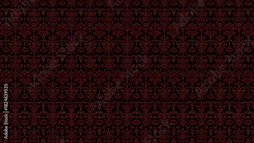A detailed dark red and black damask pattern with repeating fleur de lis and floral elements design
