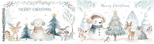 Watercolor christmas scenes with snowmen, deer, raccoon, trees and merry christmas message on white